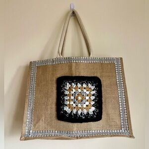 Muji Tan Tote Bag with Black and Gold Crochet Design